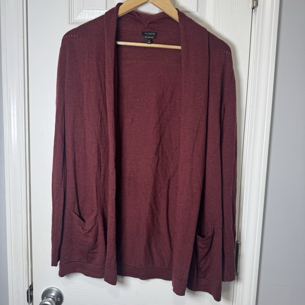Talbots WoolCardigan Sweater Red Wine Lightweight Open Front Small Pockets